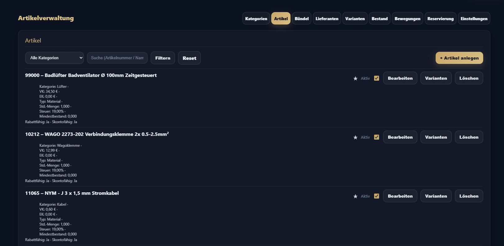 Screenshot: Artikelverwaltung