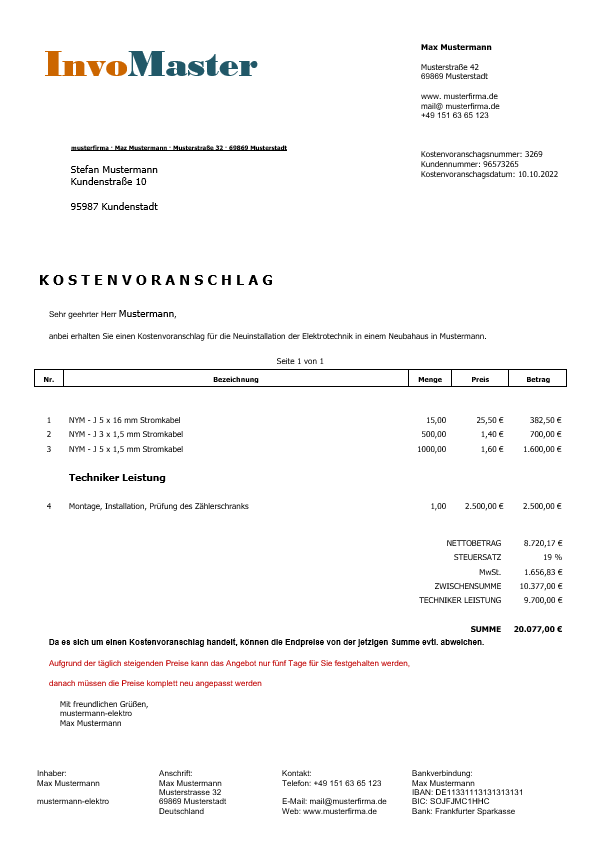 Screenshot: Einseitige Rechnung