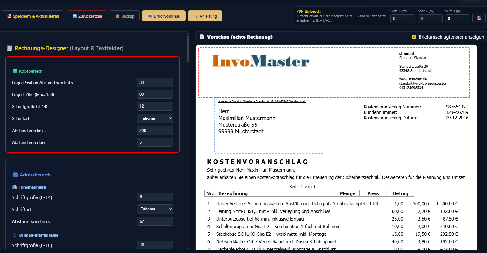 Screenshot: Rechnungsdesigner