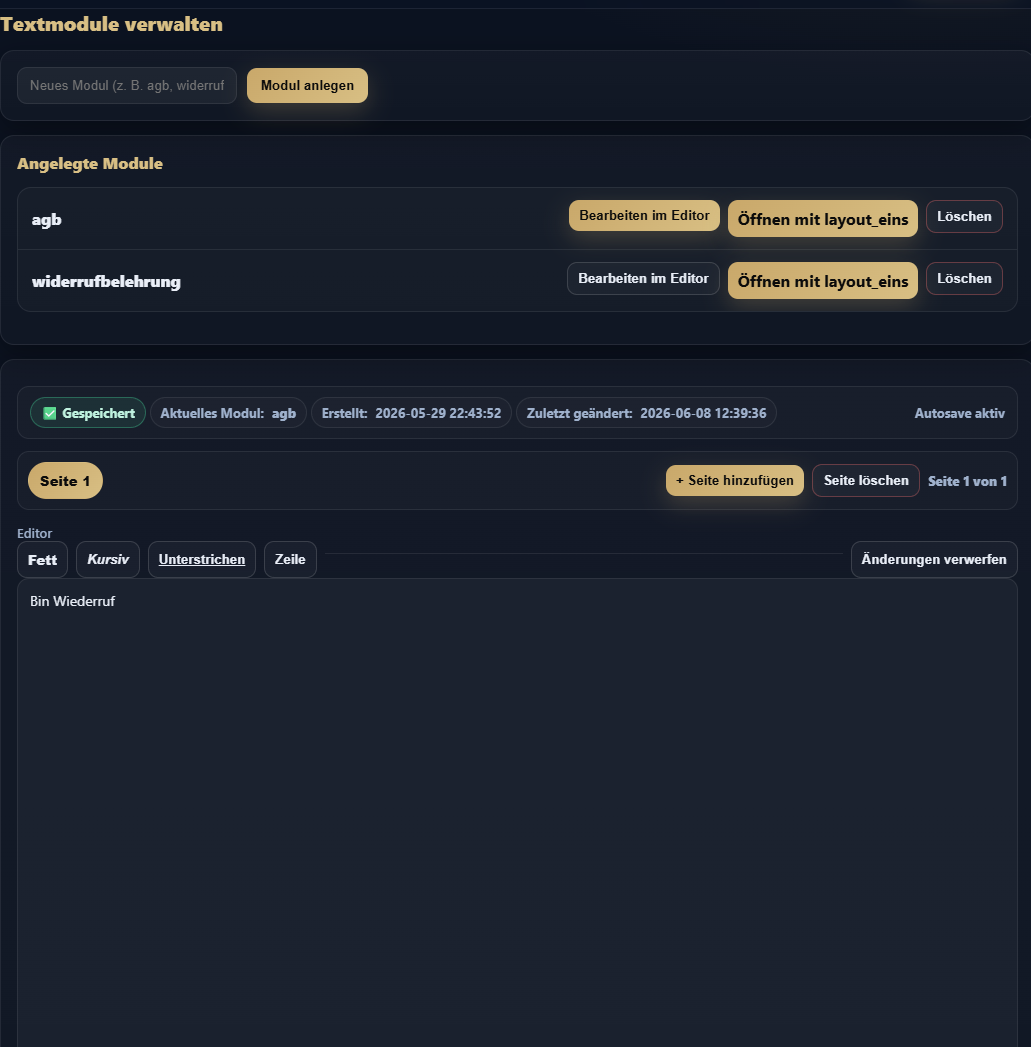 Screenshot: Rechtstexte-Editor