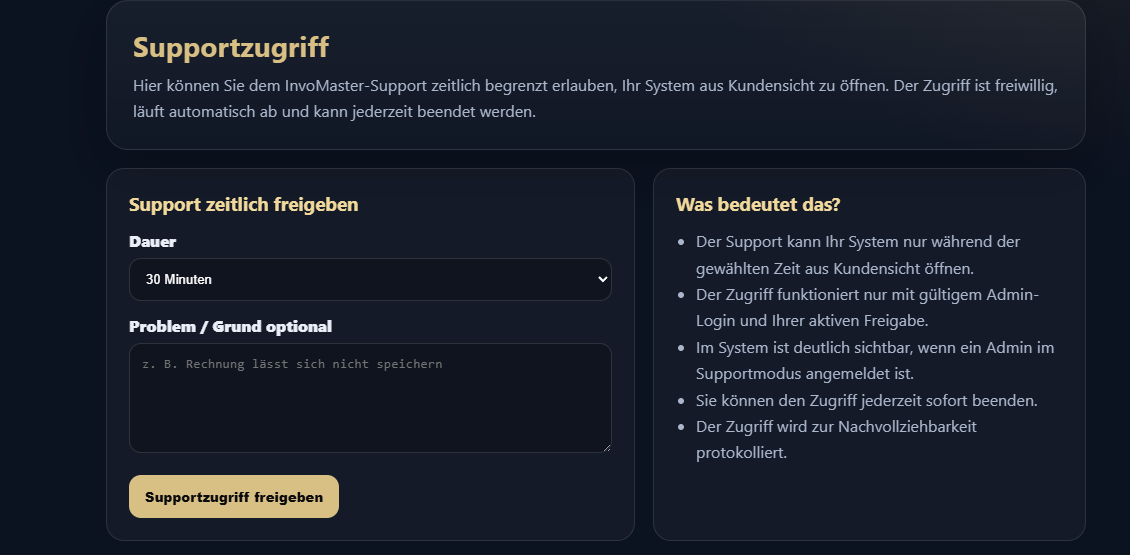 Screenshot: Supportzugriff