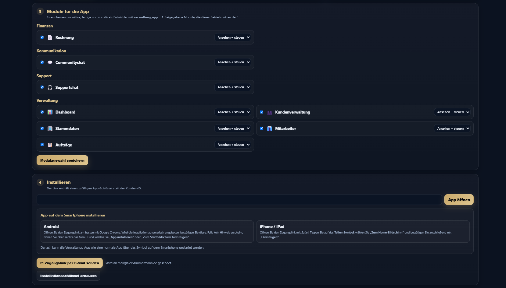 Screenshot: Verwaltungs-App